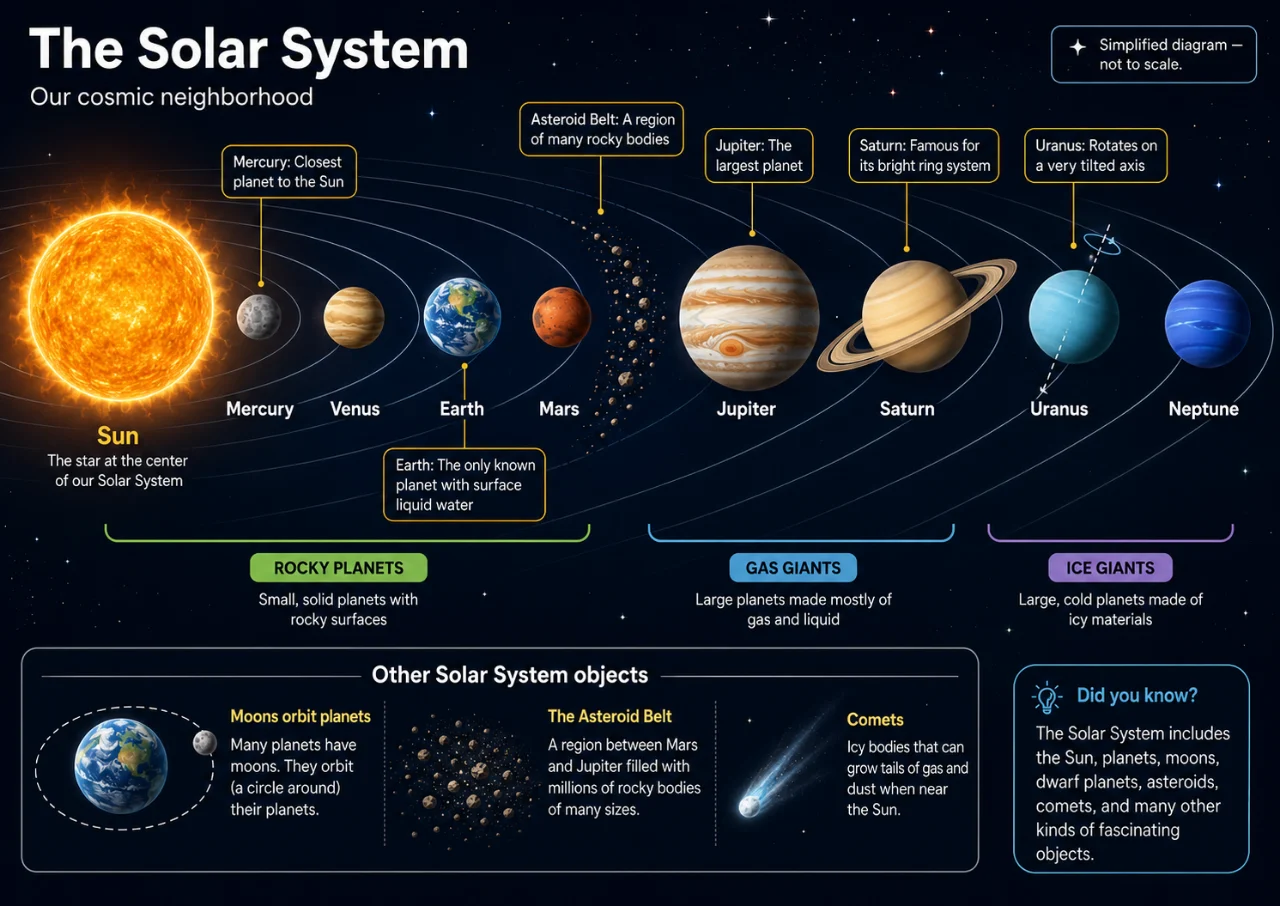 Beginner Solar System diagram with ordered planets, group labels, fact callouts, and simplified scale note.