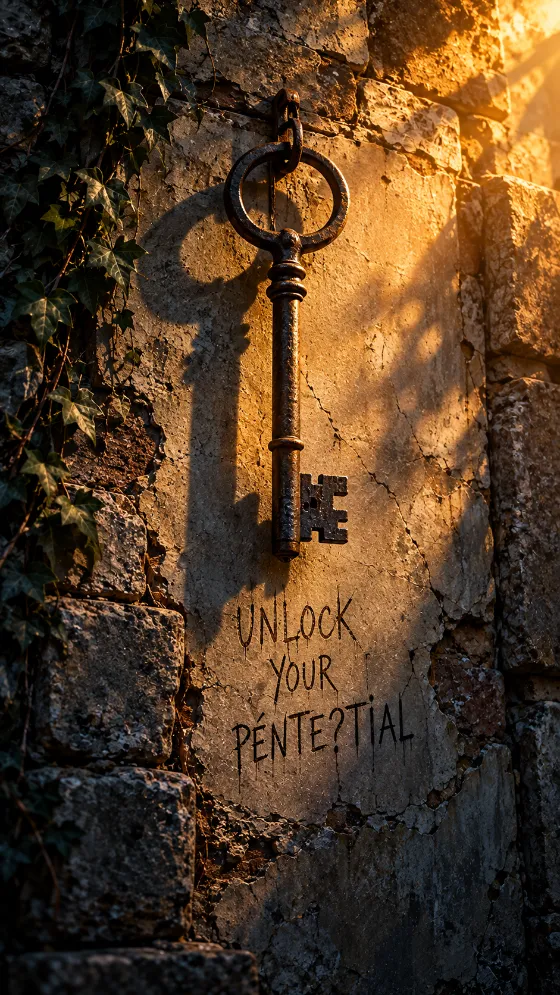 An antique dark iron key hangs against a cracked weathered wall in dramatic golden and blue light.