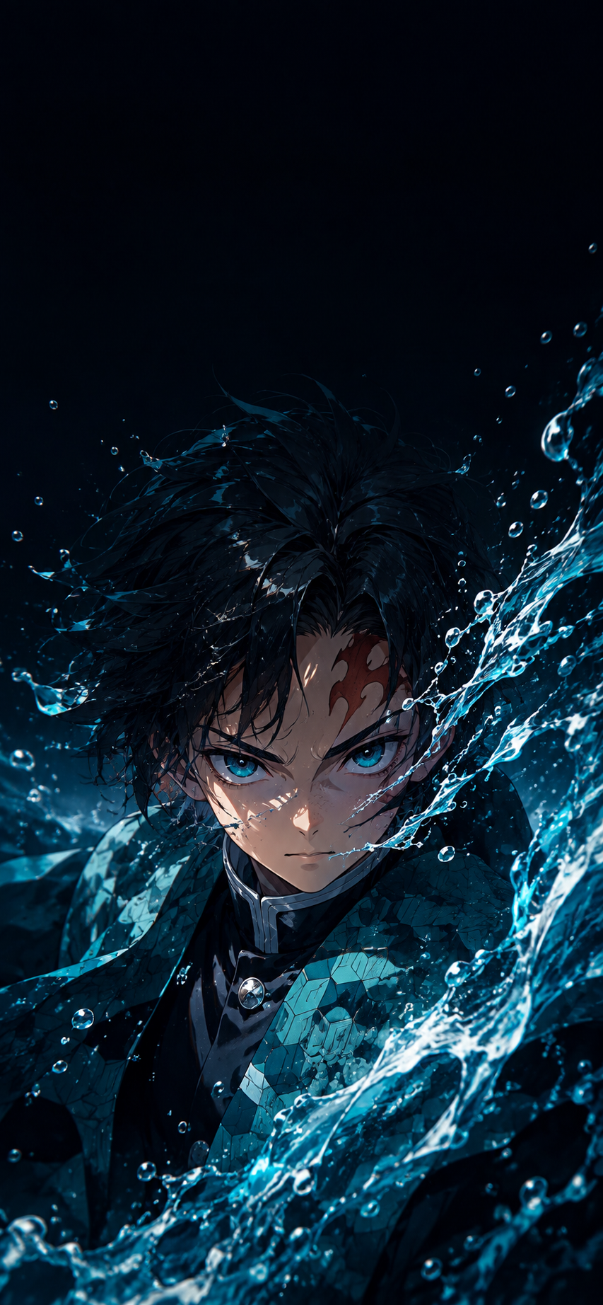 Anime-inspired dark portrait wallpaper showing a determined young water warrior with wet hair, a forehead scar, and teal water splashes in a tall iPhone layout.