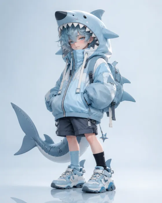 Full-body fantasy streetwear character with aqua hair, a blue shark hood, padded jacket, and shark-tail accessory.