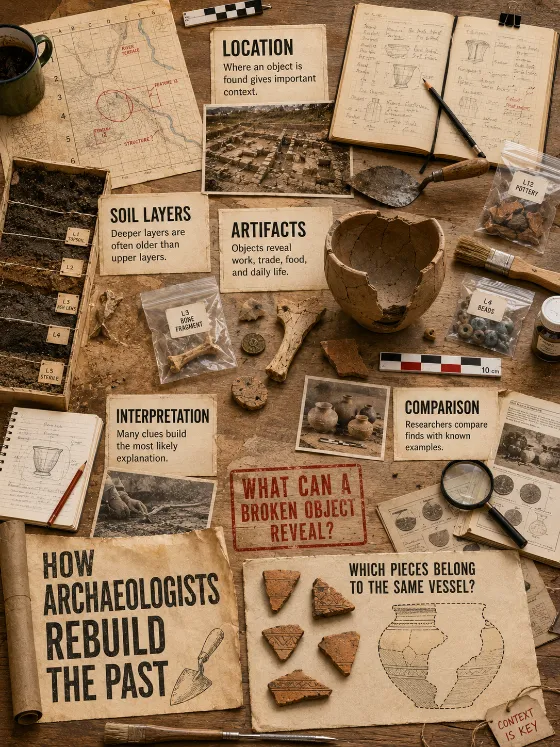 Overhead view of an archaeology worktable with pottery fragments, soil samples, maps, tools, artifact bags, evidence labels, and a vessel-matching challenge.