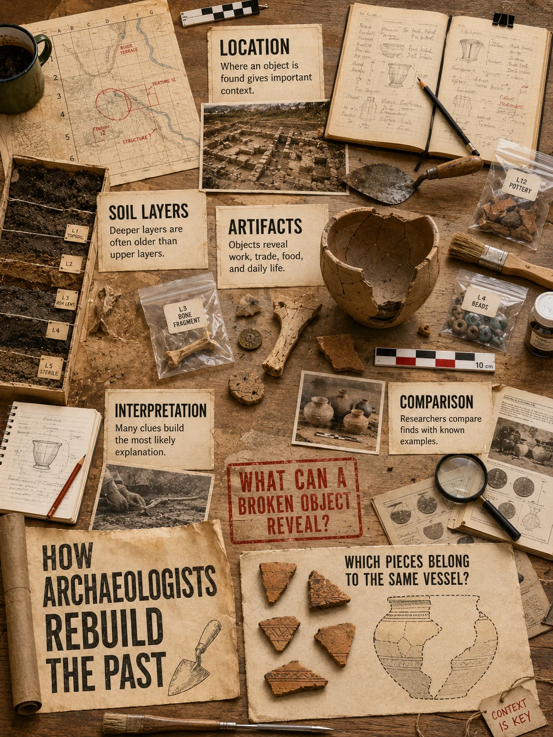 Overhead view of an archaeology worktable with pottery fragments, soil samples, maps, tools, artifact bags, evidence labels, and a vessel-matching challenge.