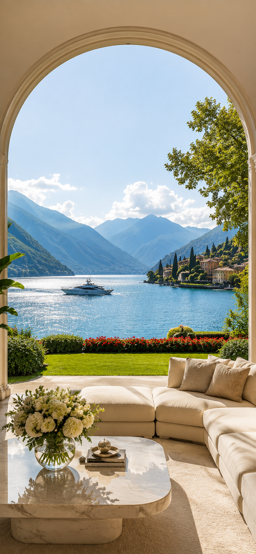 A cream luxury living room with an arched opening overlooking a blue alpine lake, yacht, lawn, village, and mountains.