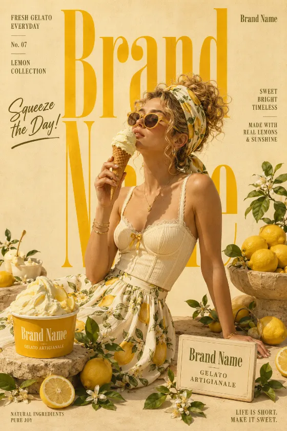 Vertical gelato advertisement showing a model with lemon dessert products, abundant citrus fruit, and a cream-and-yellow editorial layout.