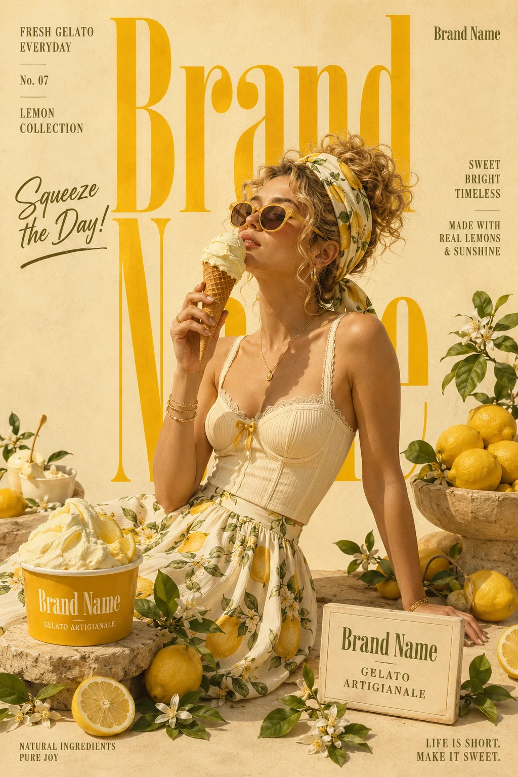 Vertical gelato advertisement showing a model with lemon dessert products, abundant citrus fruit, and a cream-and-yellow editorial layout.