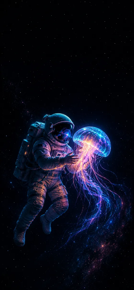 Astronaut floating through deep space while holding a glowing multicolored jellyfish against a dark star field.
