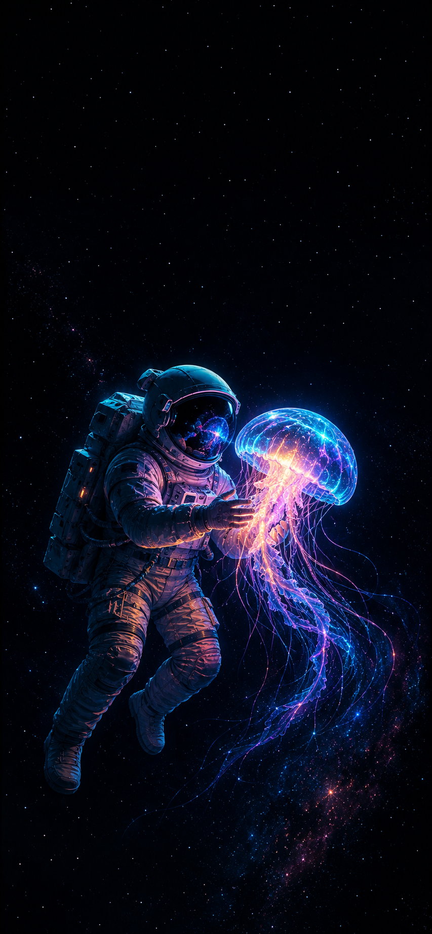 Astronaut floating through deep space while holding a glowing multicolored jellyfish against a dark star field.