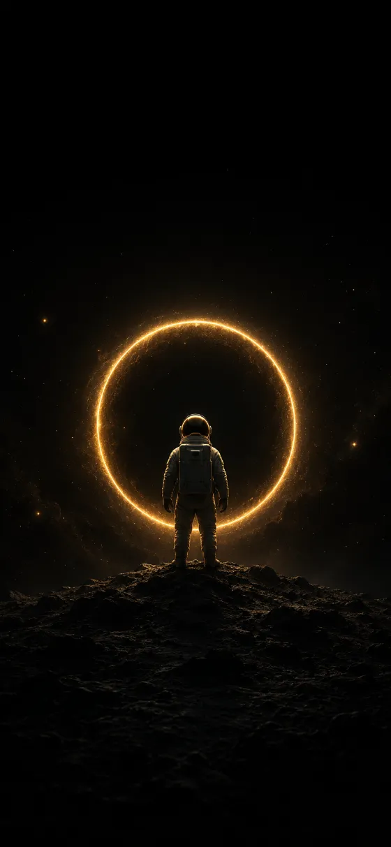 Astronaut standing on a dark lunar ridge before a glowing golden orbital ring in black space.