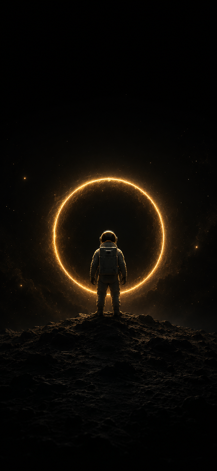 Astronaut standing on a dark lunar ridge before a glowing golden orbital ring in black space.