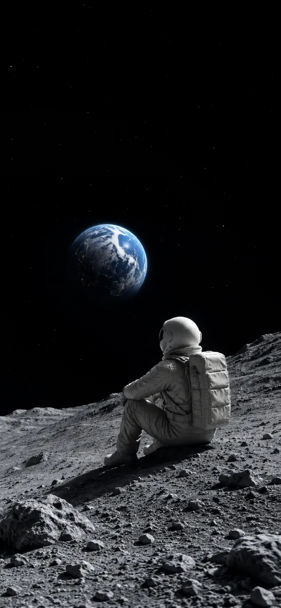 Lone astronaut seated on a gray lunar slope looking toward a blue Earth in a dark star field.