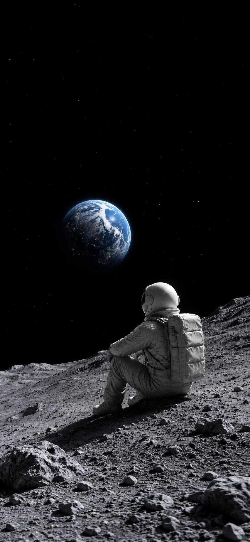 Lone astronaut seated on a gray lunar slope looking toward a blue Earth in a dark star field.