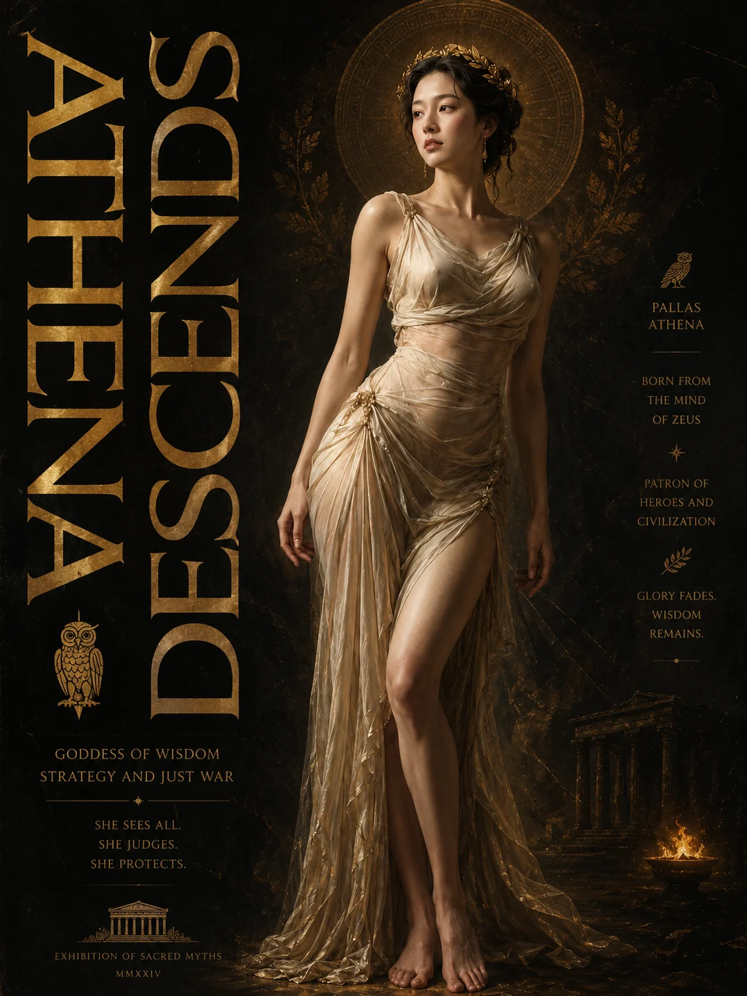 poster typography, fashion portrait, woman, abstract sacred temple chamber with dark aged wall, standing pose, shown with poster-style visual styling.