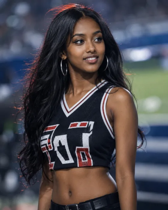 Woman wearing a cropped black varsity-style jersey and silver hoop earrings in a cool-toned event portrait with shallow background blur.