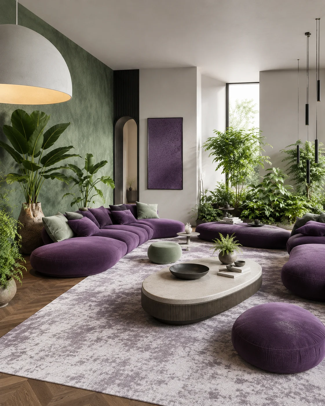 Sculptural aubergine lounge with curved sofas, botanical green walls, indoor plants, organic coffee table, and pendant lighting.