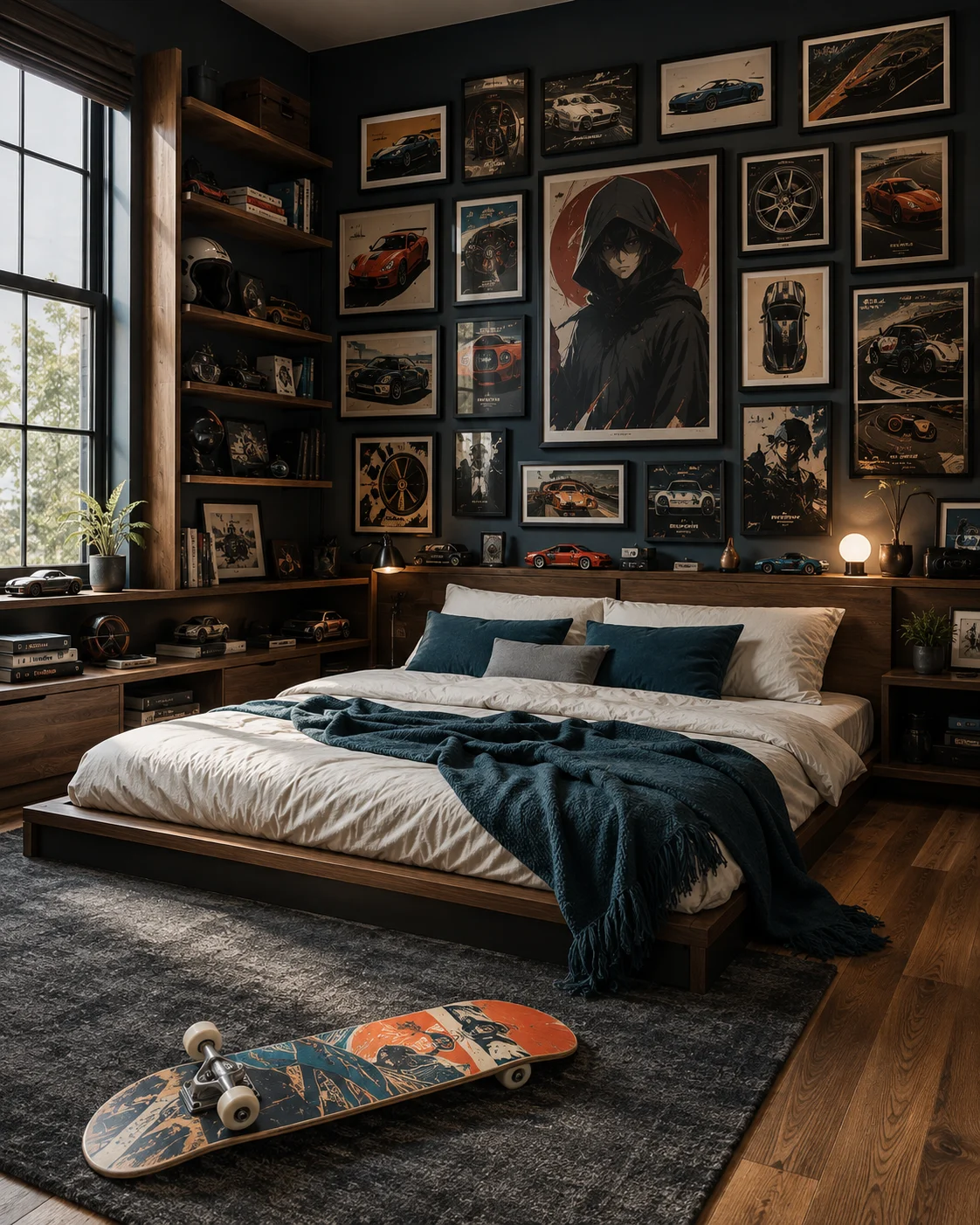 Dark blue-gray creative bedroom with a walnut platform bed, automotive gallery wall, teal bedding, built-in shelving, and a colorful accent piece in the foreground.