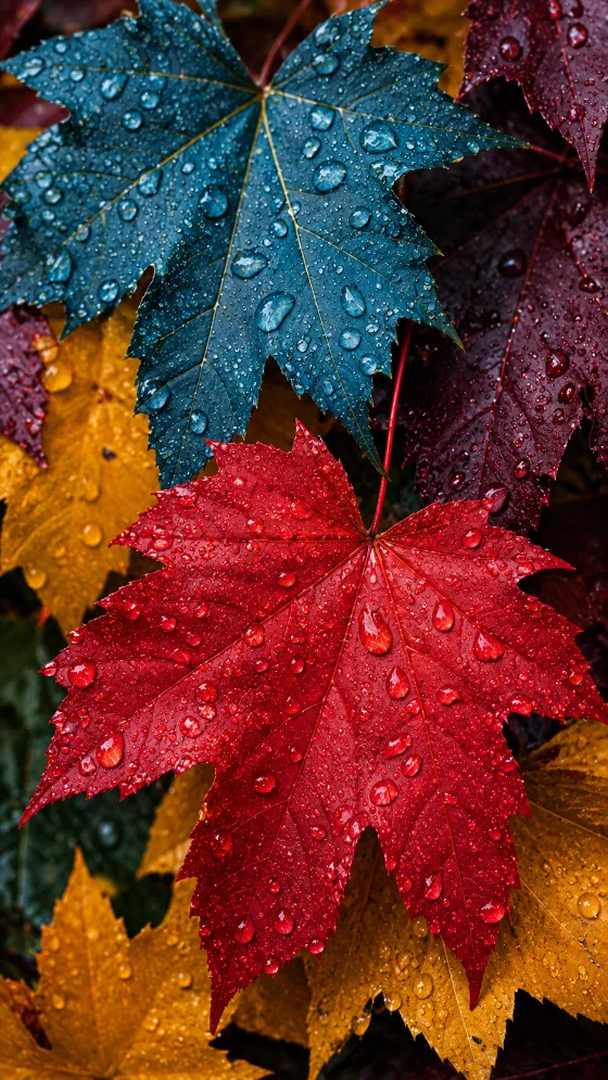 Close-up autumn leaves covered with water droplets, featuring vivid red, teal, purple, and golden yellow foliage.