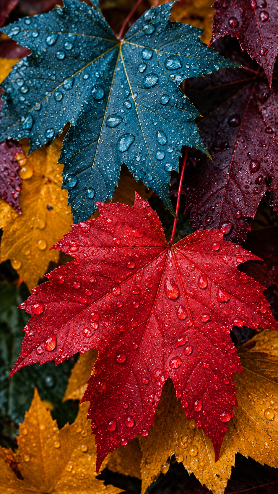 Close-up autumn leaves covered with water droplets, featuring vivid red, teal, purple, and golden yellow foliage.