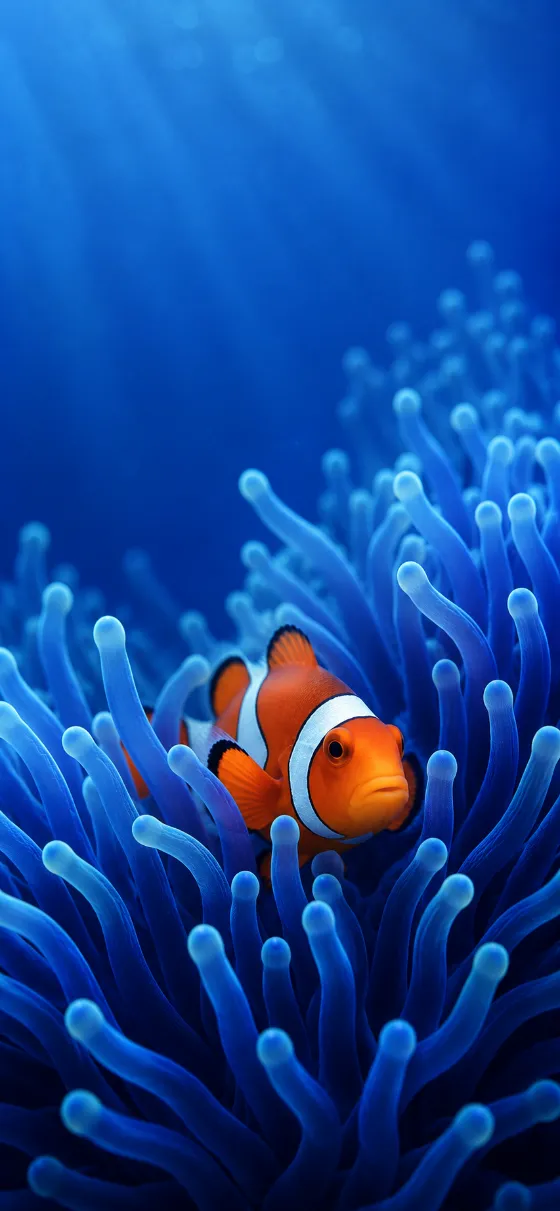 Orange clownfish surrounded by luminous blue sea anemone tentacles beneath soft underwater light.