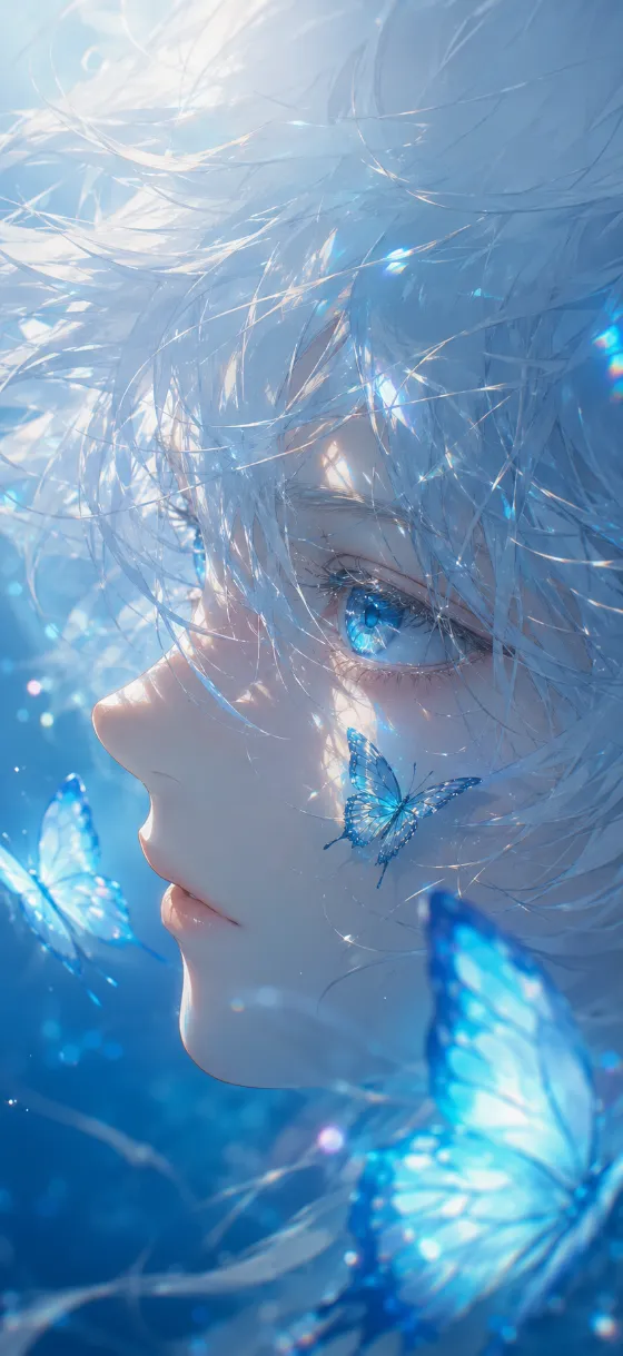 Close-up anime profile with a luminous cyan eye, flowing white hair, and delicate blue butterflies against a pale icy background.