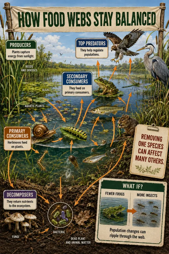 Educational wetland scene with connected feeding relationships, five ecological role labels, decomposers, and a note showing fewer frogs and more insects.