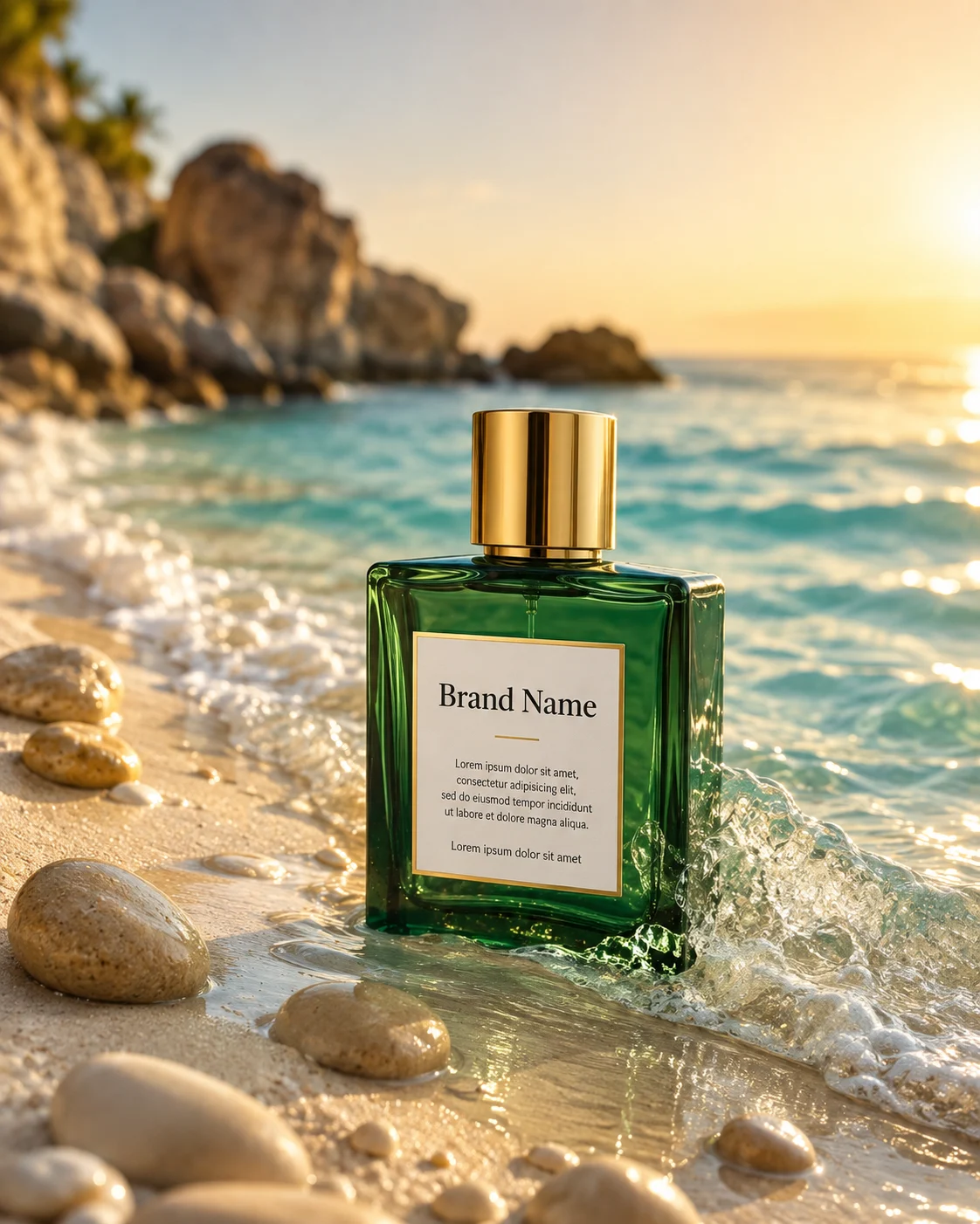 Woman in a casual beach portrait stands near dark seaside rocks with turquoise ocean and clear blue sky behind her, shown as a realistic smartphone-style photo.