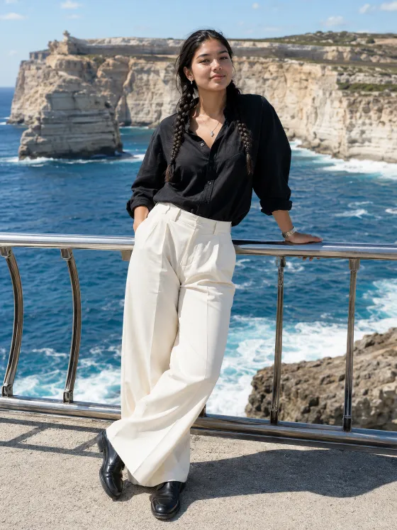 Full-length coastal fashion portrait of a subject in black and ivory beside a railing overlooking deep blue ocean and limestone cliffs.