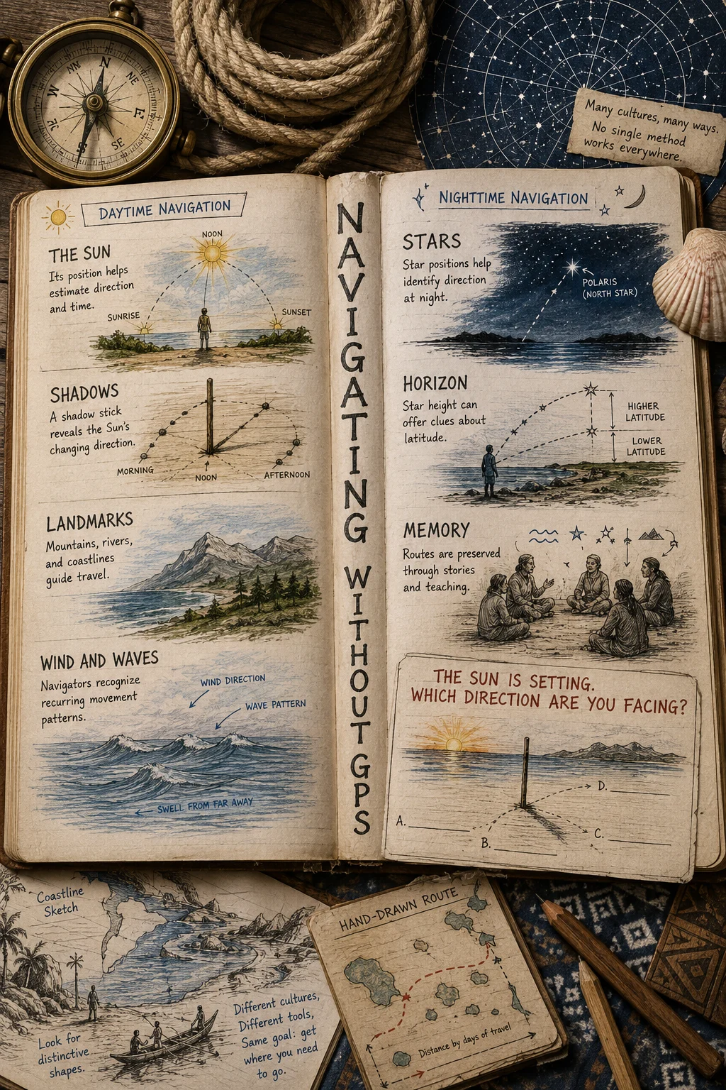 Open expedition notebook with hand-drawn day and night navigation clues, including Sun position, shadow stick, landmarks, wind and wave patterns, star chart, horizon sketch, and a sunset direction challenge.