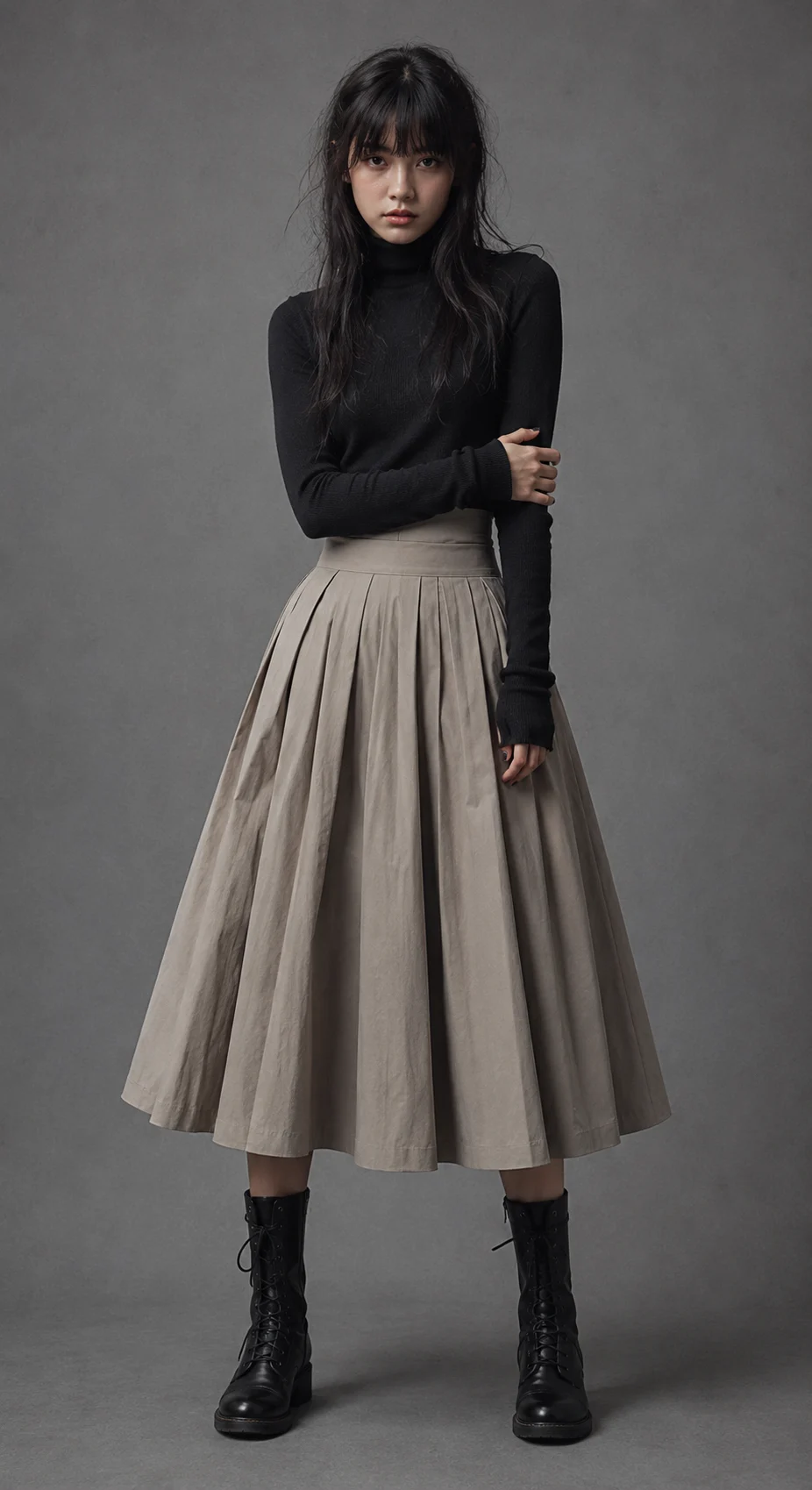 Centered full-body studio portrait wearing a charcoal turtleneck, beige pleated skirt, and black lace-up boots against gray.
