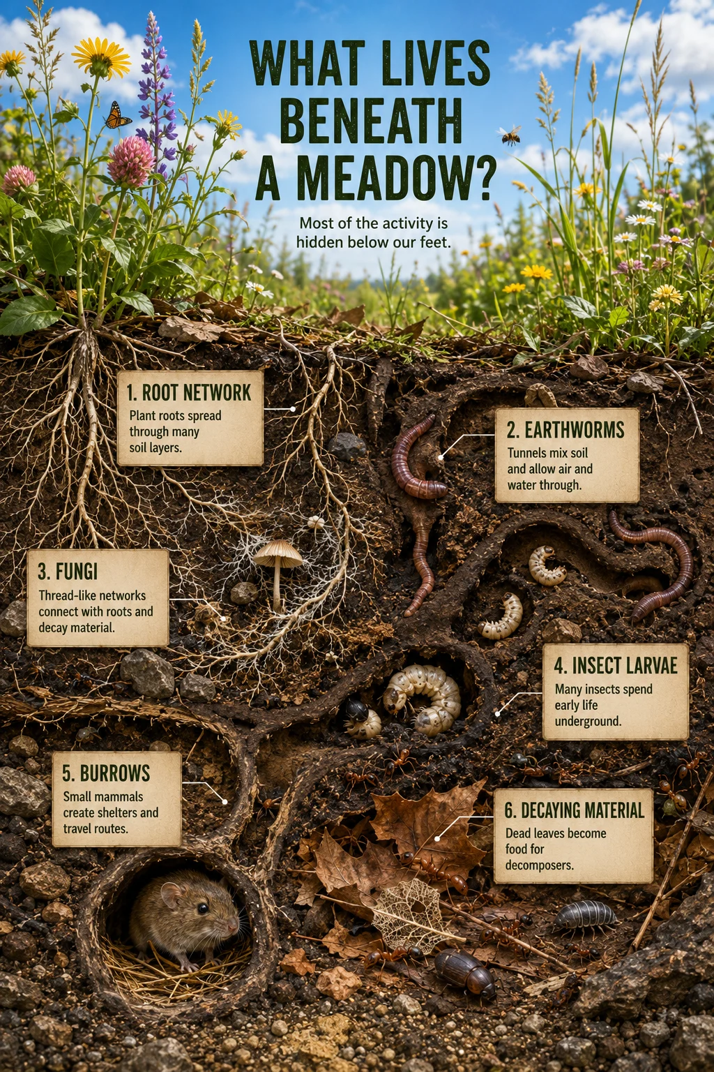 Panoramic meadow cutaway poster with bright surface landscape, deep soil cross-section, six educational labels, and realistic underground organisms at varied scales.