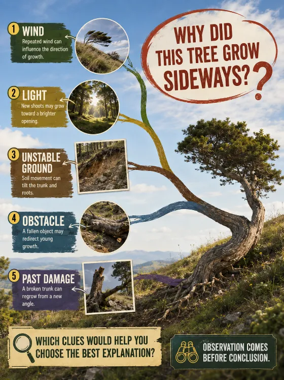 Branching nature investigation with a bent hillside tree, five possible causes, supporting clue scenes, and an observation-before-conclusion note.