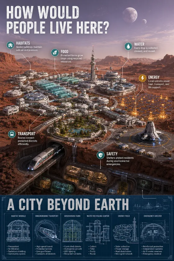 of a distant-planet human settlement, shown from an elevated panoramic view with labeled habitats, farms, transport, energy, water, and safety systems beneath two moons.