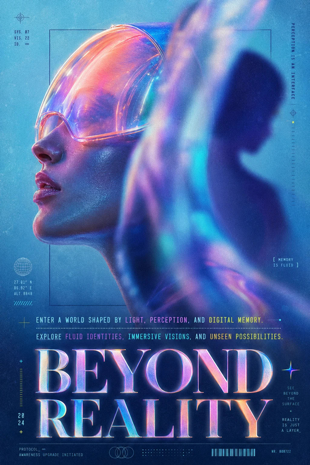 Futuristic cyan poster showing a side-profile figure in a translucent visor with layered blur and the headline 'BEYOND REALITY.'
