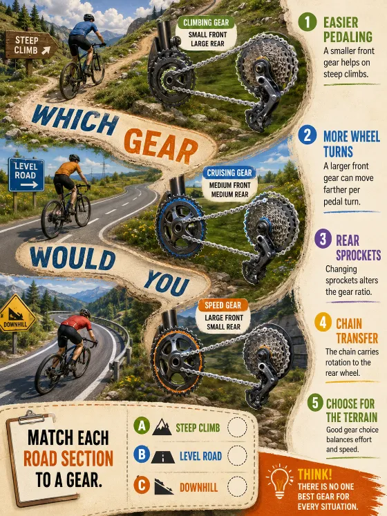 Isometric cycling challenge with three terrain zones, realistic drivetrain close-ups, five gear clues, and a match-the-road-to-a-gear activity.