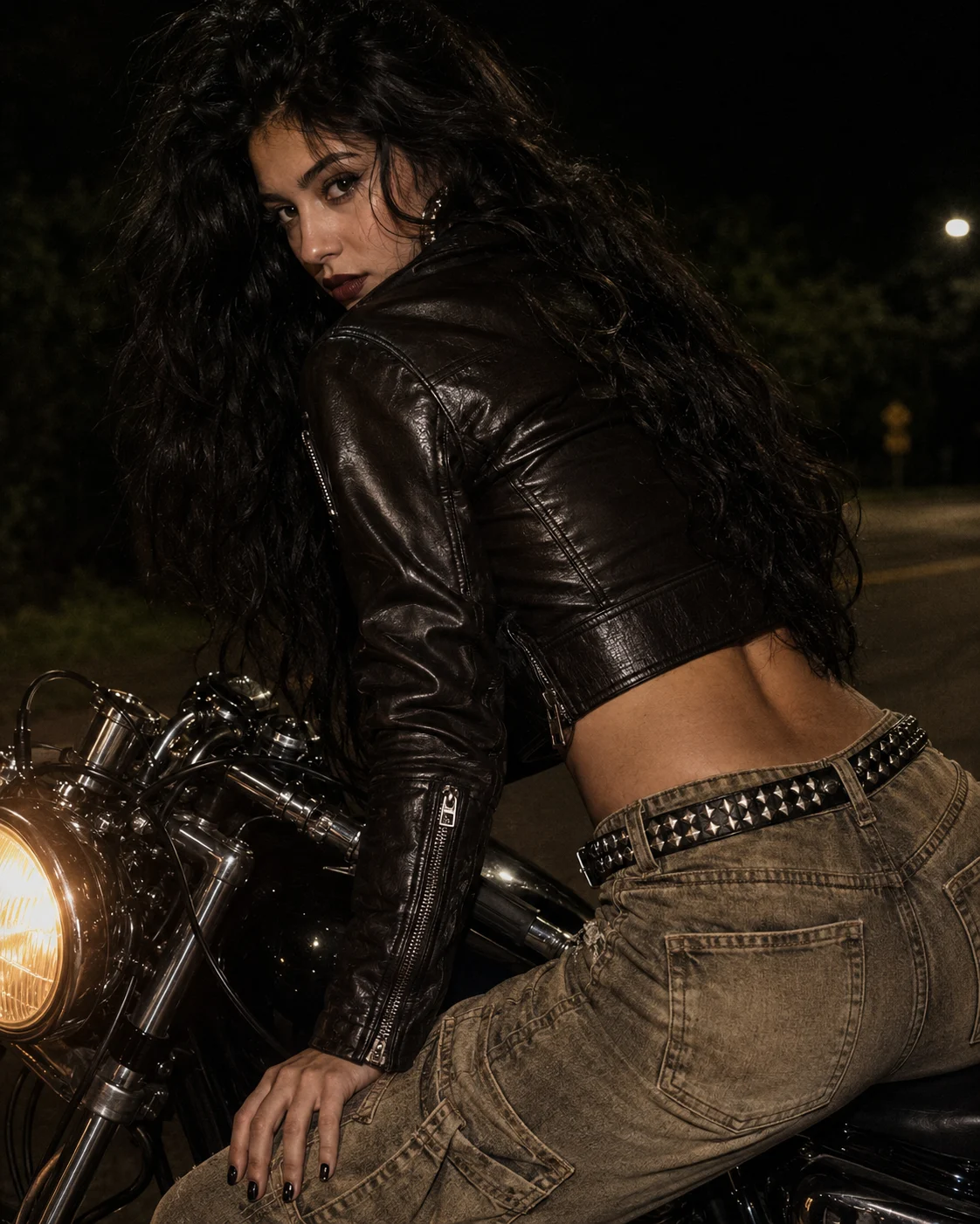 Night biker-grunge outfit with cropped leather jacket, faded low-rise cargo jeans, studded belt, and motorcycle headlight glow.