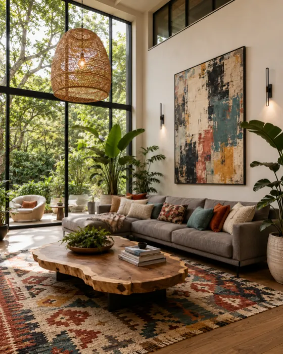Contemporary living room with gray sectional, tropical plants, woven pendant, abstract art, natural wood table, and large windows.