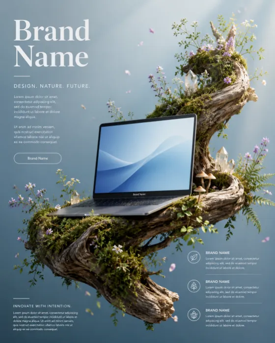 Premium laptop within a floating driftwood sculpture covered with moss, flowers, and crystals, set against a soft blue gradient background.