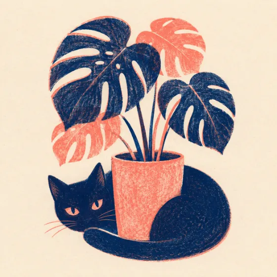 Two-tone risograph artwork of a black cat wrapped around a potted monstera, printed in navy and coral on cream paper.