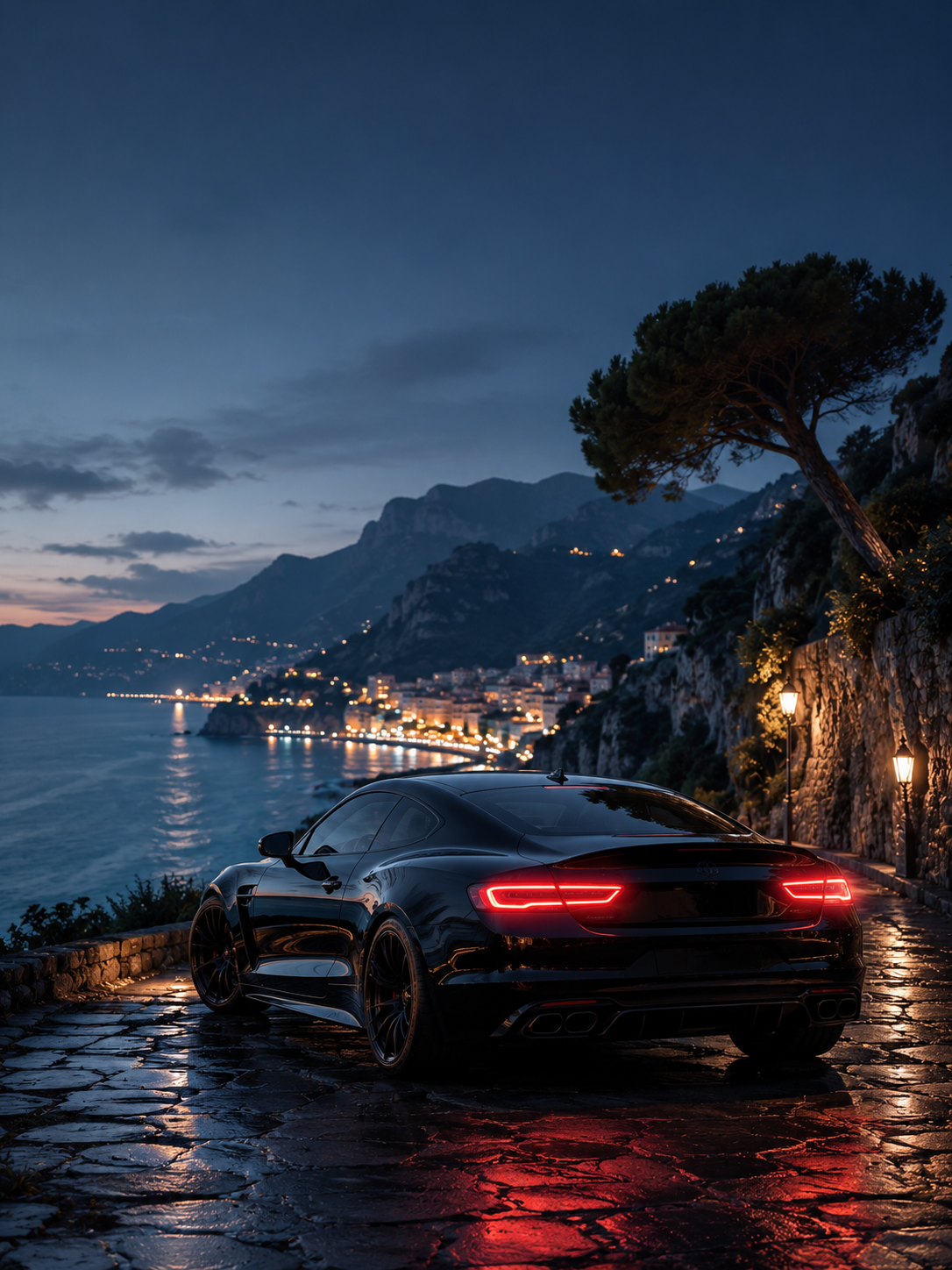 Glossy black sports car with red tail lights parked on a coastal cliff road above blurred seaside lights and mountains at dusk.