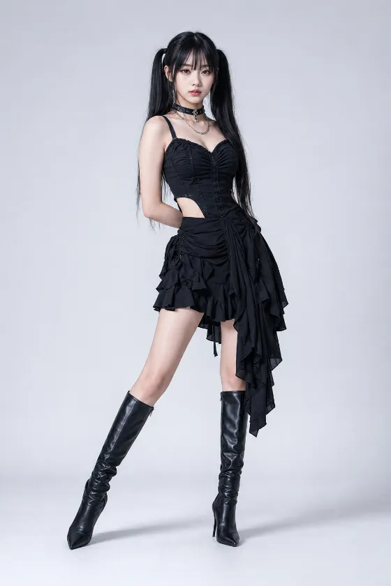Full-length gothic-pop fashion portrait with a black corset, layered mini skirt, twin ponytails, choker and knee-high pointed boots on a cool-gray set.