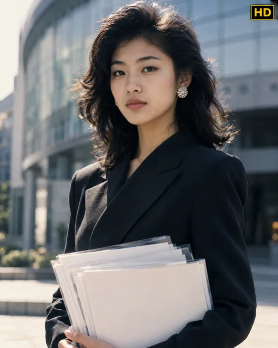 Outdoor fashion portrait of a woman in a broad-shouldered black blazer holding white folders against cool blurred corporate architecture.