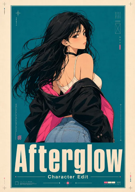 Cel-shaded anime girl poster design with teal background, cream border, black hair, denim, and hot pink jacket lining.