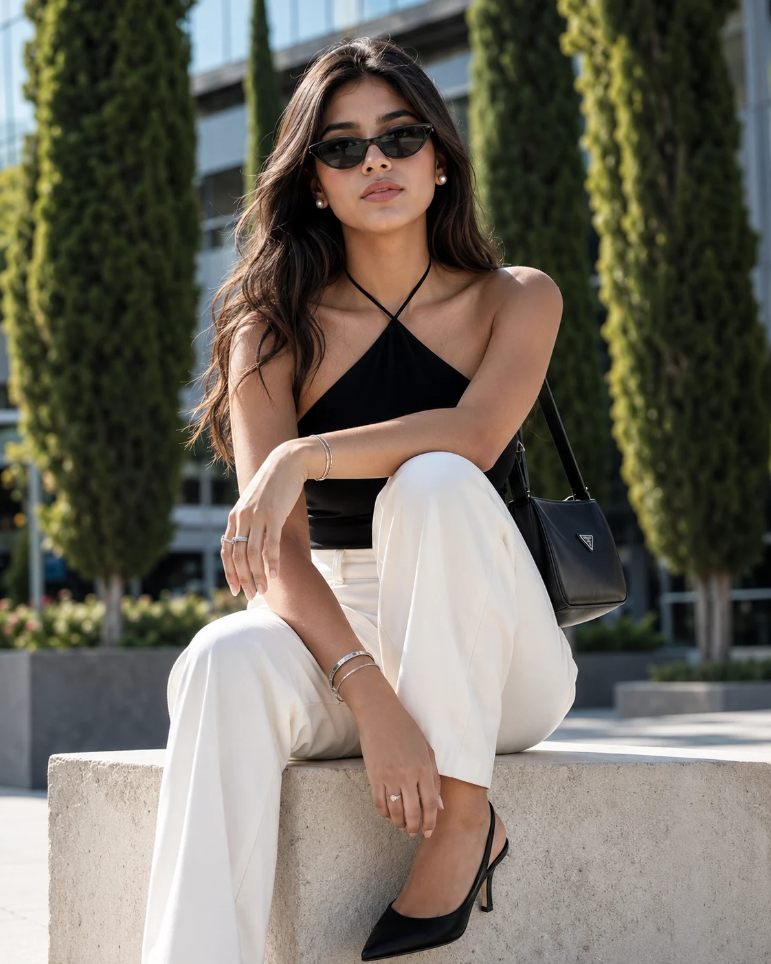 Seated outdoor fashion portrait of a woman in a black halter top and ivory trousers with cat-eye sunglasses and a black shoulder bag.