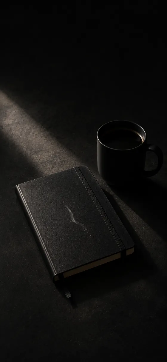 Minimal dark wallpaper of a black notebook and black coffee mug on a charcoal tabletop with soft diagonal light.