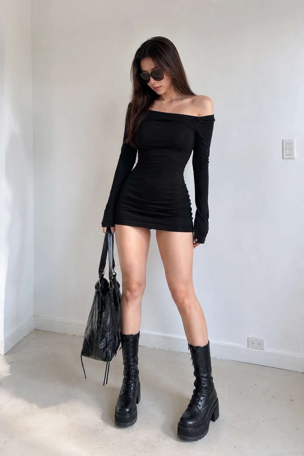 Young woman in a black off-shoulder dress, sunglasses, and lace-up boots holding a black handbag indoors.