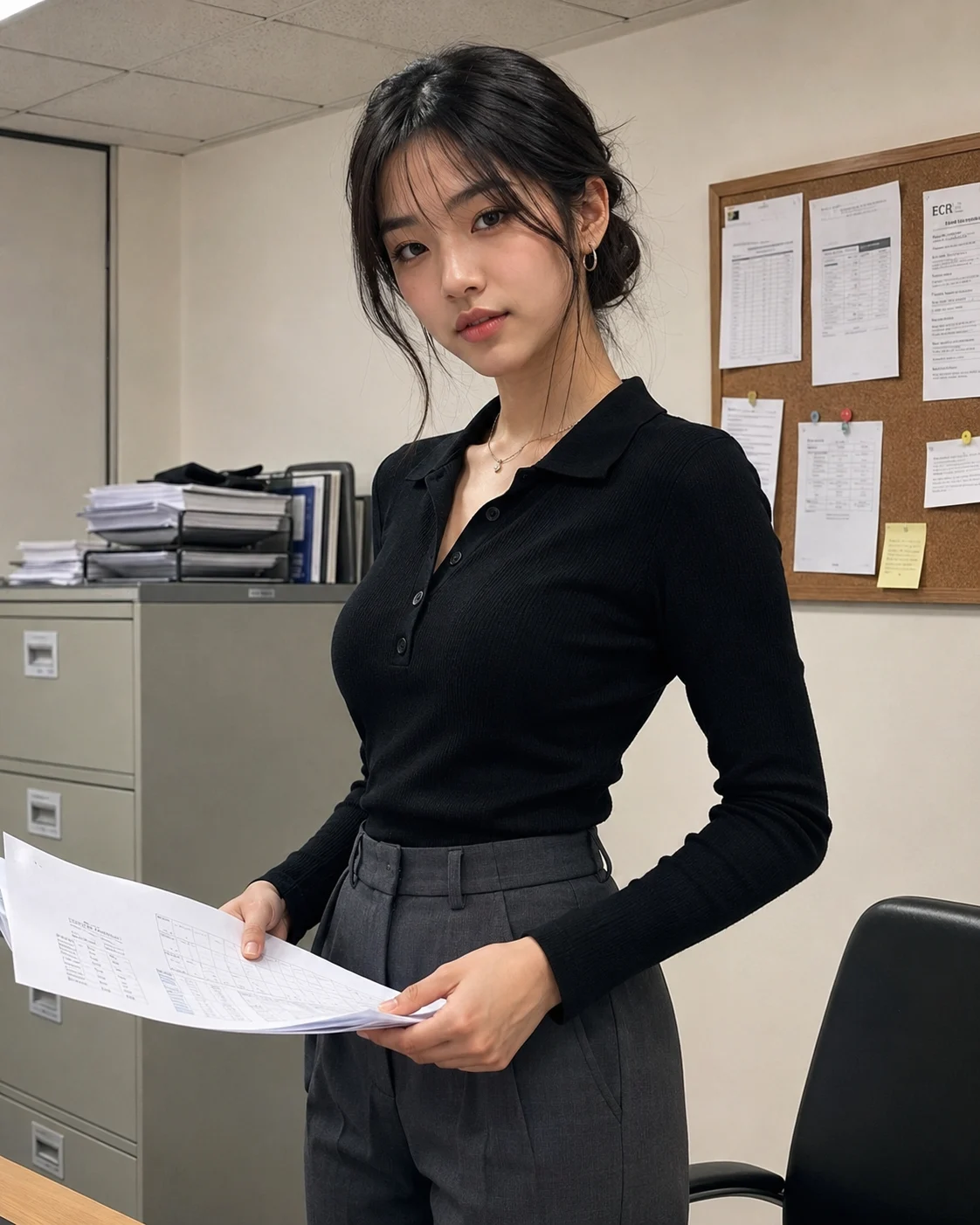 Vertical office-fashion portrait of a woman in black and charcoal tailoring holding papers beside a noticeboard and filing furniture.