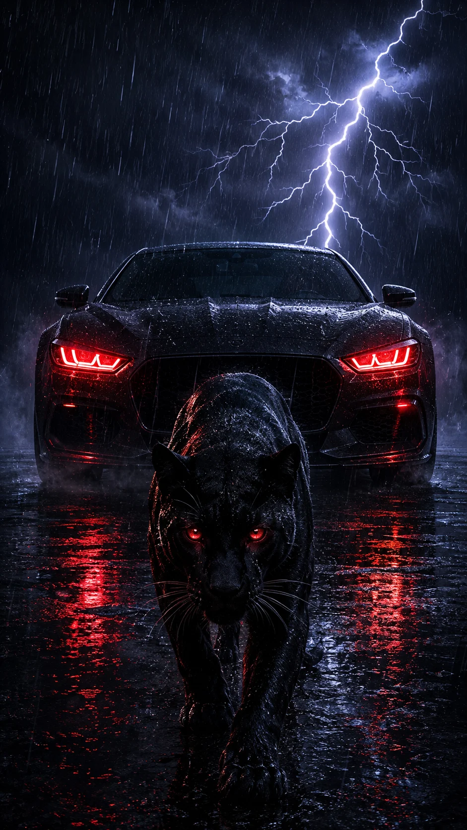 Black feline and dark car under lightning storm at night