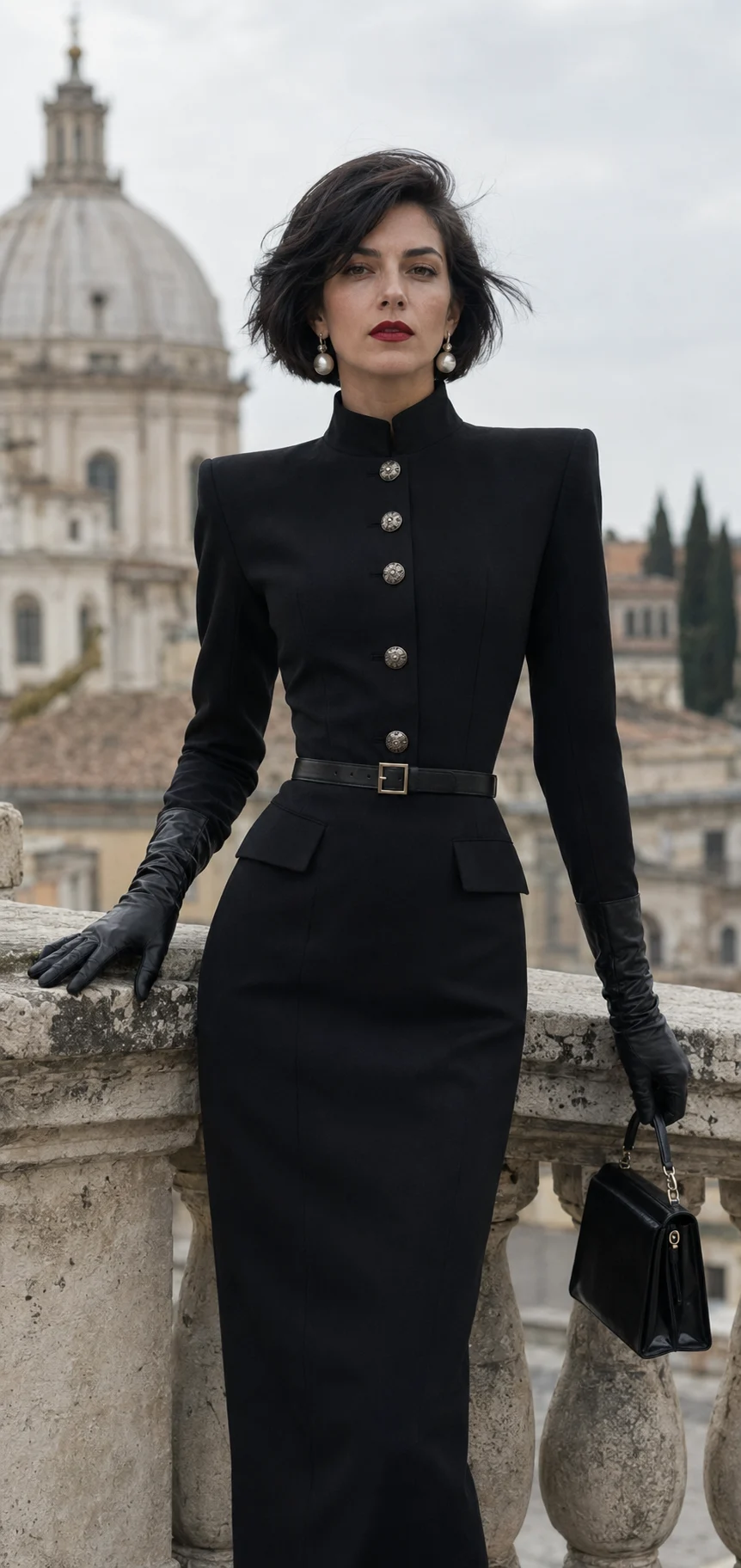 Black tailored fashion portrait with gloves, red lipstick, pearl-like earrings, handbag, and blurred historic architecture.