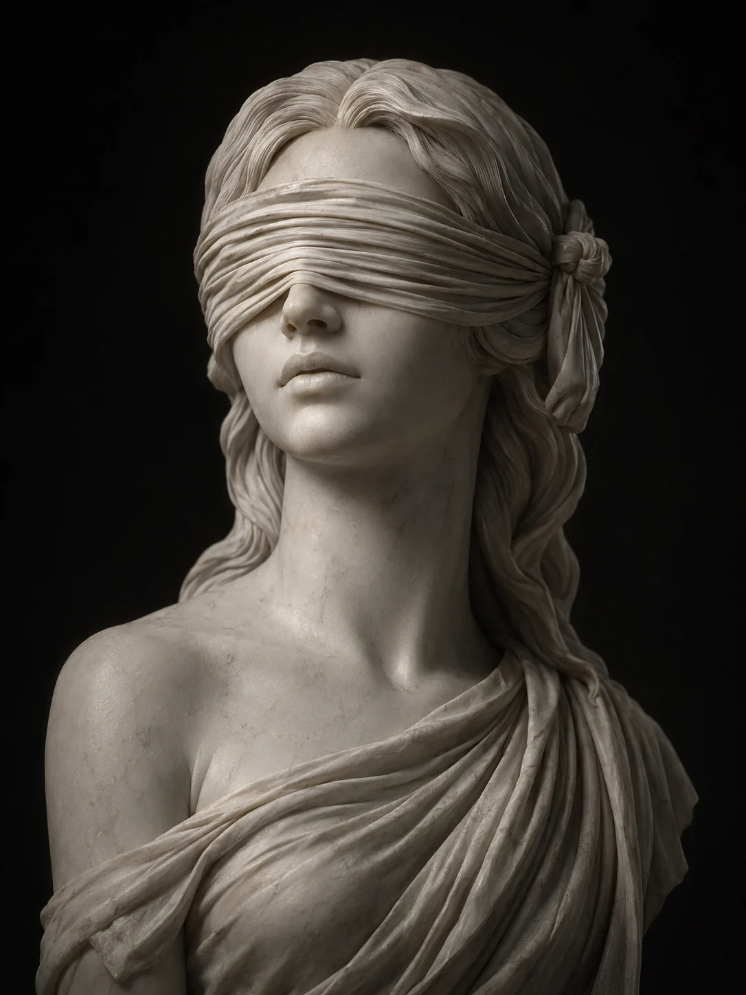 Pale marble bust with long hair and a pleated cloth blindfold covering both eyes against a black background.