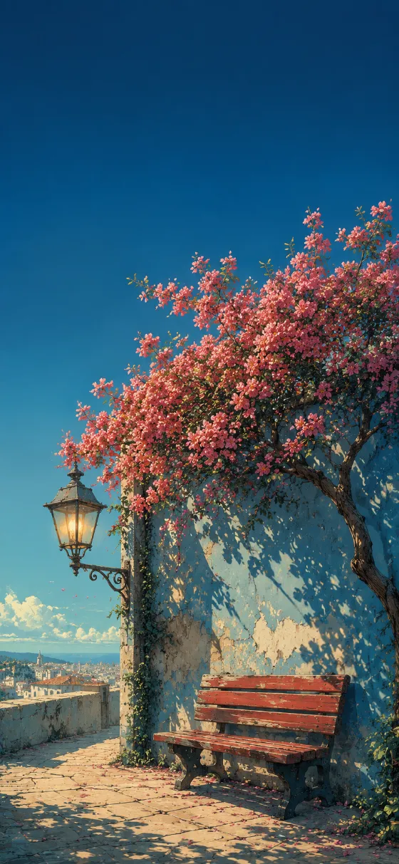 Illustrated red bench under a pink flowering tree beside a weathered blue wall and glowing lantern in a quiet stone courtyard.