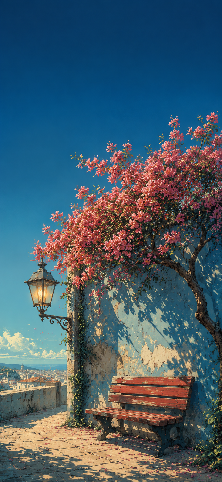 Illustrated red bench under a pink flowering tree beside a weathered blue wall and glowing lantern in a quiet stone courtyard.